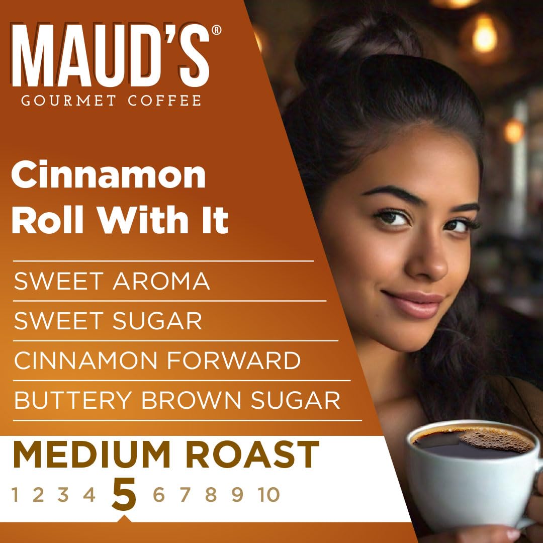 Maud's Cinnamon Roll Flavored Coffee Pods, 50 ct, Medium Roast Flavored Coffee in Recyclable Single Serve Pods – 100% Arabica Beans, Compatible with Keurig K Cups Maker