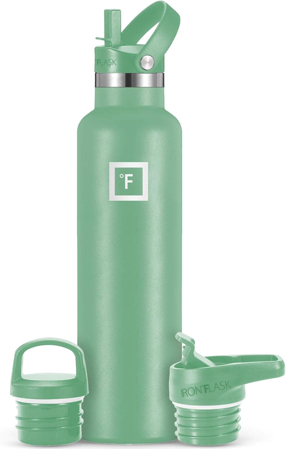 IRON °FLASK Camping & Hiking Hydration Canteens - 3 Lids (Narrow Straw Lid) Leak Proof Vacuum Insulated Stainless Steel - Hot & Cold Double Walled Sports Water Bottle - Sage, 24 Oz