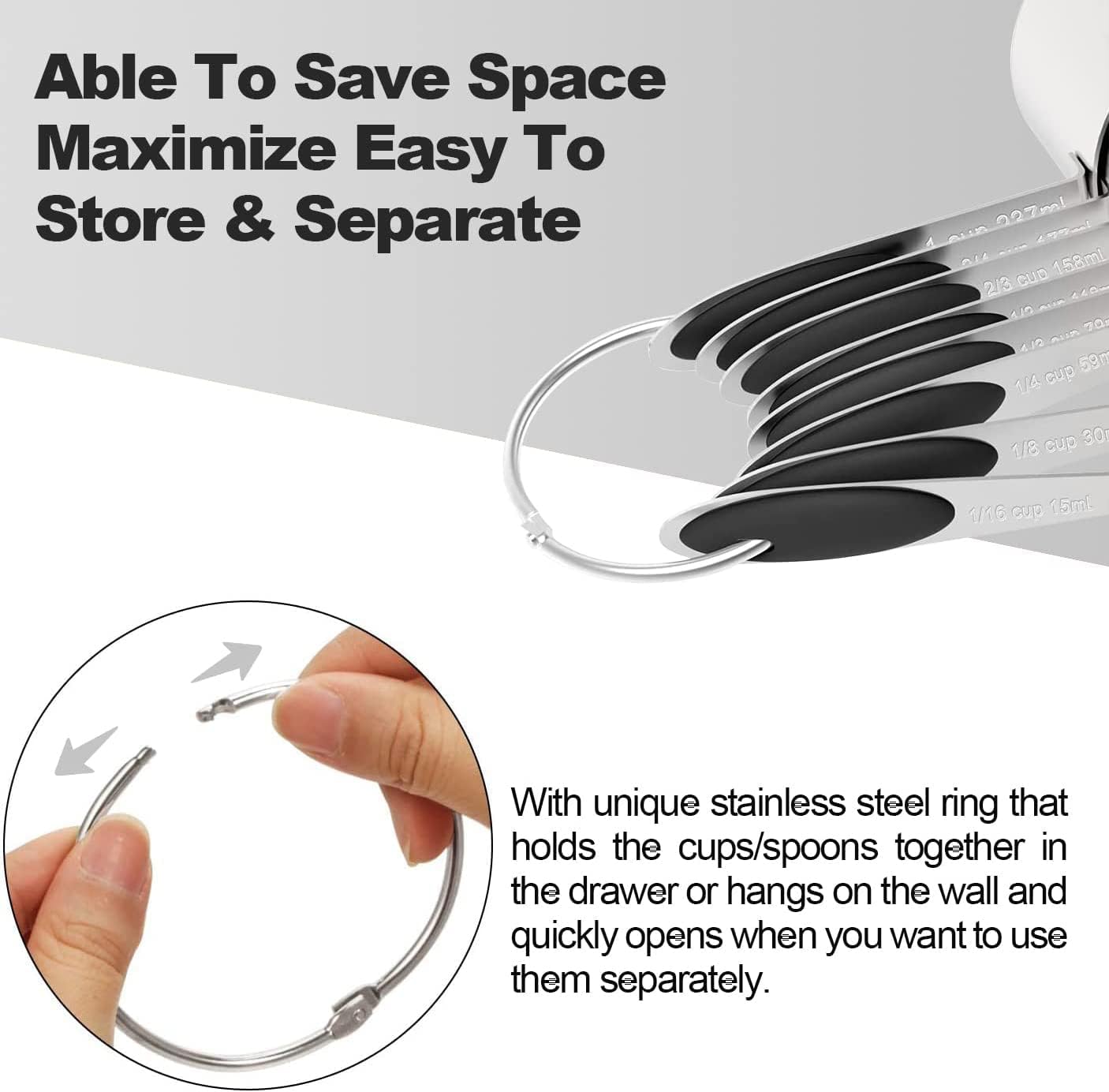 Measuring Cups & Spoons Set of 16, Wildone Stainless Steel Measuring Cups and Measuring Spoons with Black Silicone Handle, Including 8 Nesting Cups, 8 Spoons, for Dry and Liquid Ingredient