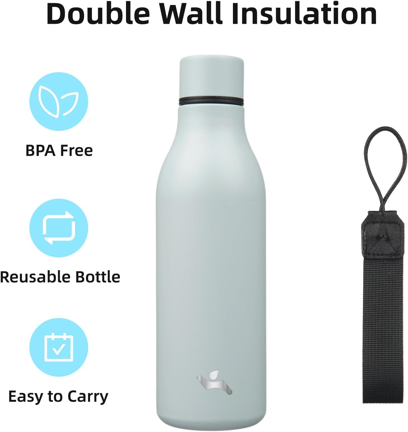 Insulated Water Bottle with Strap,18 oz Double Wall Stainless Steel Vacuum Bottles Metal Water Flask,Foggy Blue