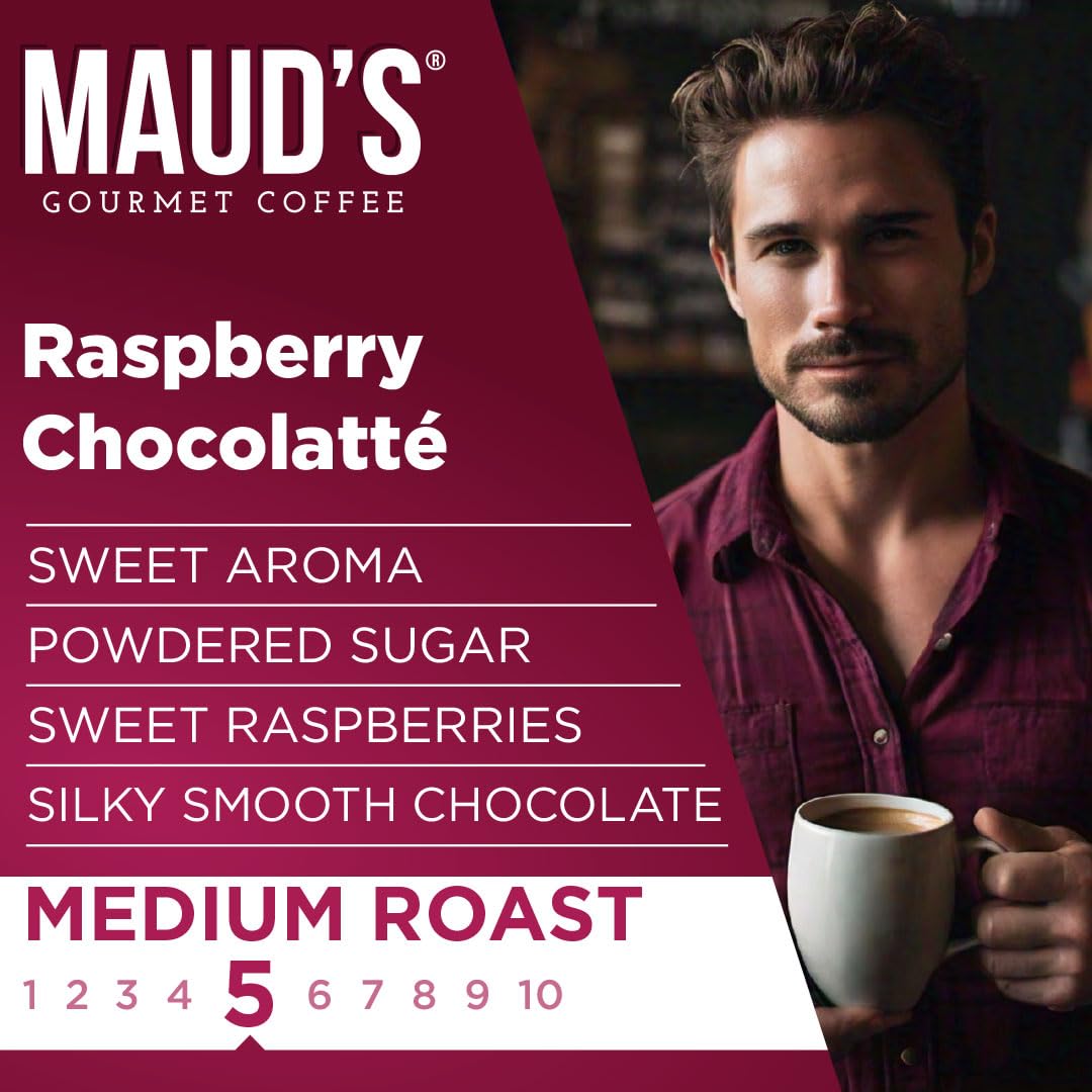 Maud's Raspberry Chocolate Flavored Coffee Pods, 18 ct, Medium Roast Flavored Coffee in Recyclable Single Serve Pods – 100% Arabica Beans, Compatible with Keurig K Cups Maker
