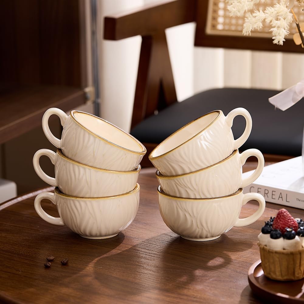 Set of 6 Vintage Design 12 oz Professional Barista Ceramic Latte Art Cappuccino Cups Set (Wave Beige)