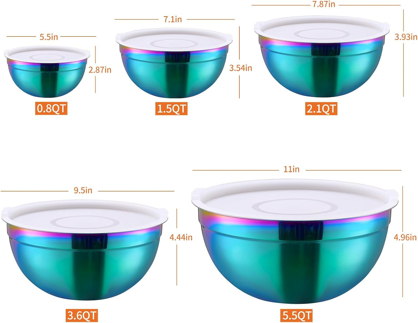 Rainbow Mixing Bowls With Airtight Lids,Stainless Steel Bowl,Salad Bowls 5 Piece Colorful Nesting Bowl Rainbow Kitchen Accessories,Size 5.5,3.6,2.7,2.1,1.5,QT Stackable Design