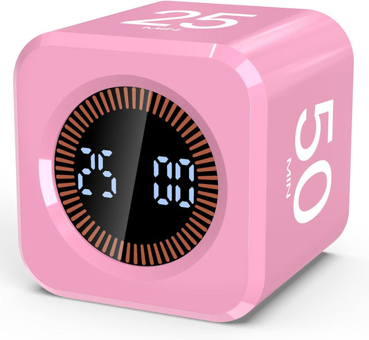 Pomodoro Timer Cube Visual Productivity Flip Timer for Kids Classroom Desk, 5/10/25/50min& Custom Countdown, Silent&Sound Mode Digital Cube for ADHD Study Work School Game Kitchen (Pink)
