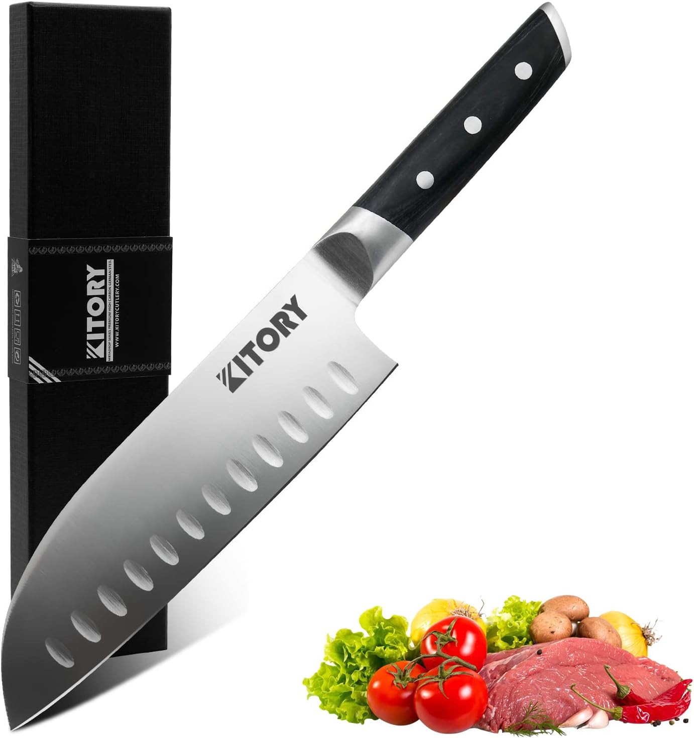 Kitory Santoku Knife - 7 Inch Full Tang GRANTON BLADE Kitchen Knife - Chef Knife for Chopping Vegetables- Forged German High Carbon Steel -2024 Gifts