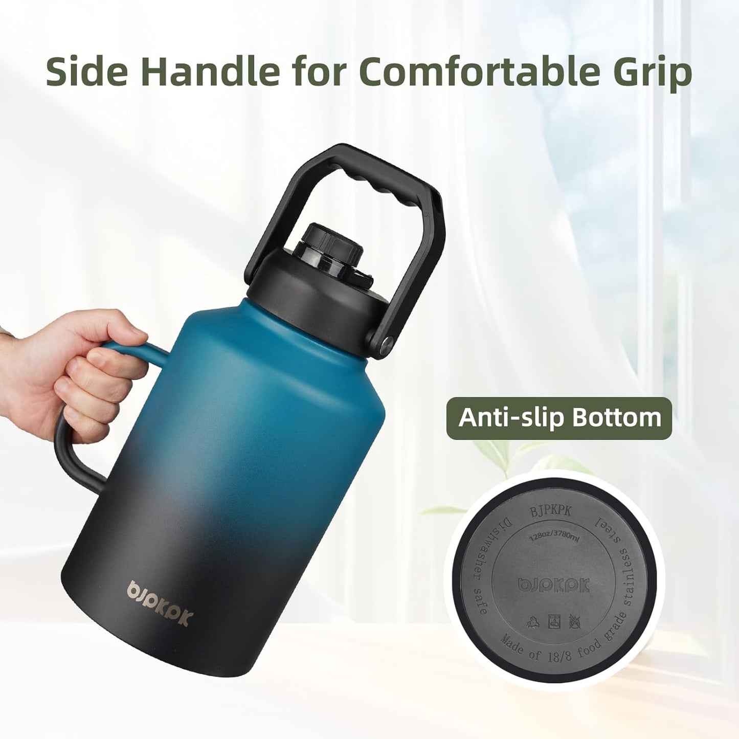 BJPKPK 1 Gallon Water Bottle with Handle, Large Dishwasher Safe 128oz Insulated Water Bottle, BPA Free Water Jug, Wide Mouth Metal Water Bottle with Anti-slip Bottom, Keep Cold & Hot,Navy Blue