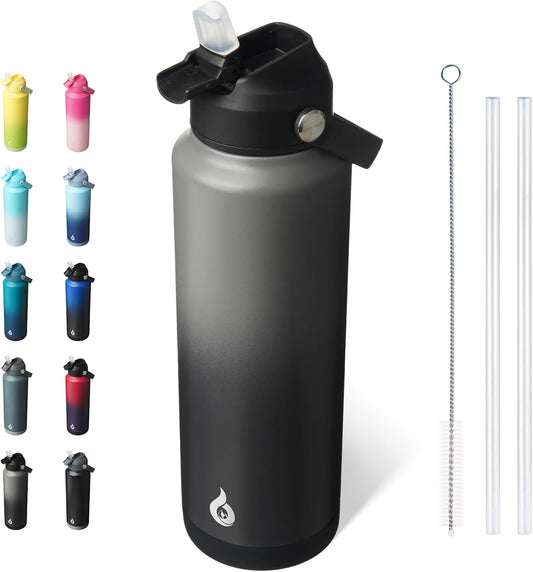 BJPKPK Insulated Water Bottle with Straw Lid, 40oz Large Thermos, BPA Free Leak Proof Stainless Steel Metal Water Bottles, Tumblers, Cups, Flasks for Travel, Sports,Black Grey