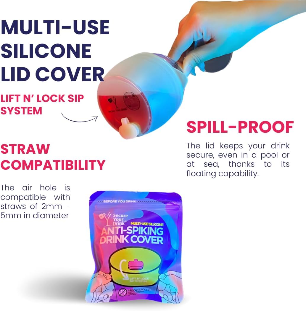 Multi-Use Silicone Anti Spiking Drink Cover Protector With Lift N’ Lock Sip System (1 Pack). Spiking, Spill and Contaminant Prevention. Fits Most Cups And Glasses, Straw Compatibility and Reusable.