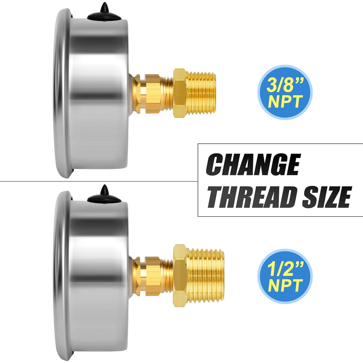 MEANLIN MEASURE 0~200Psi Stainless Steel 1/4" NPT 2.5" FACE DIAL Liquid Filled Pressure Gauge WOG Water Oil Air Center Back Mount, with 1/2" NPT and 3/8" NPT Hex Bushing