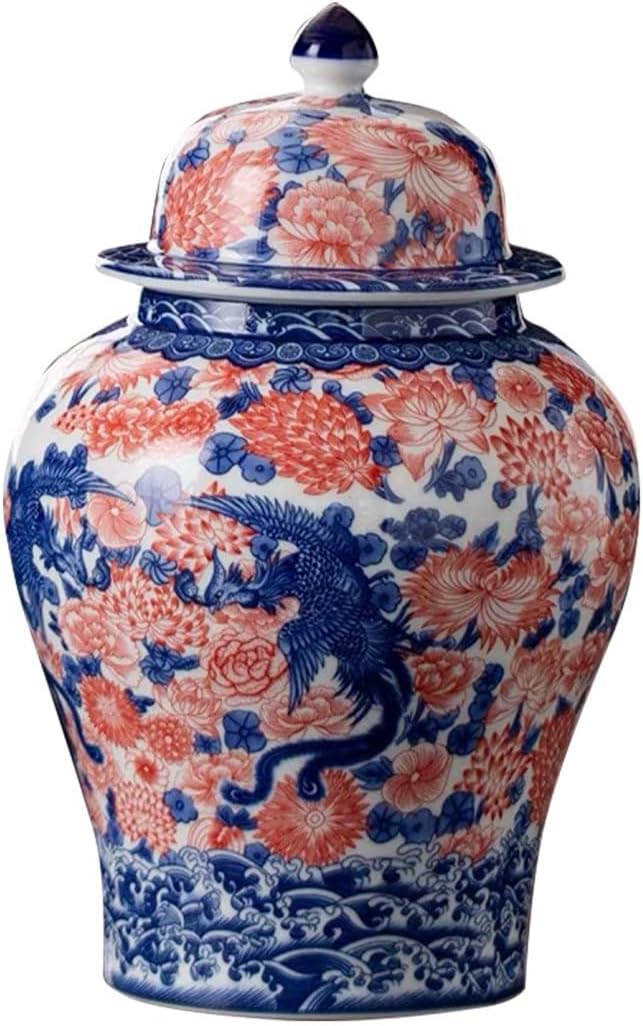 8 inches Phoenix Ginger Jar - red Ceramic Decorative with Lid flower vase， chinoiserie gift Enamel jars for Home/Kitchen/Dining/living room/shelf decor/Tea Storage