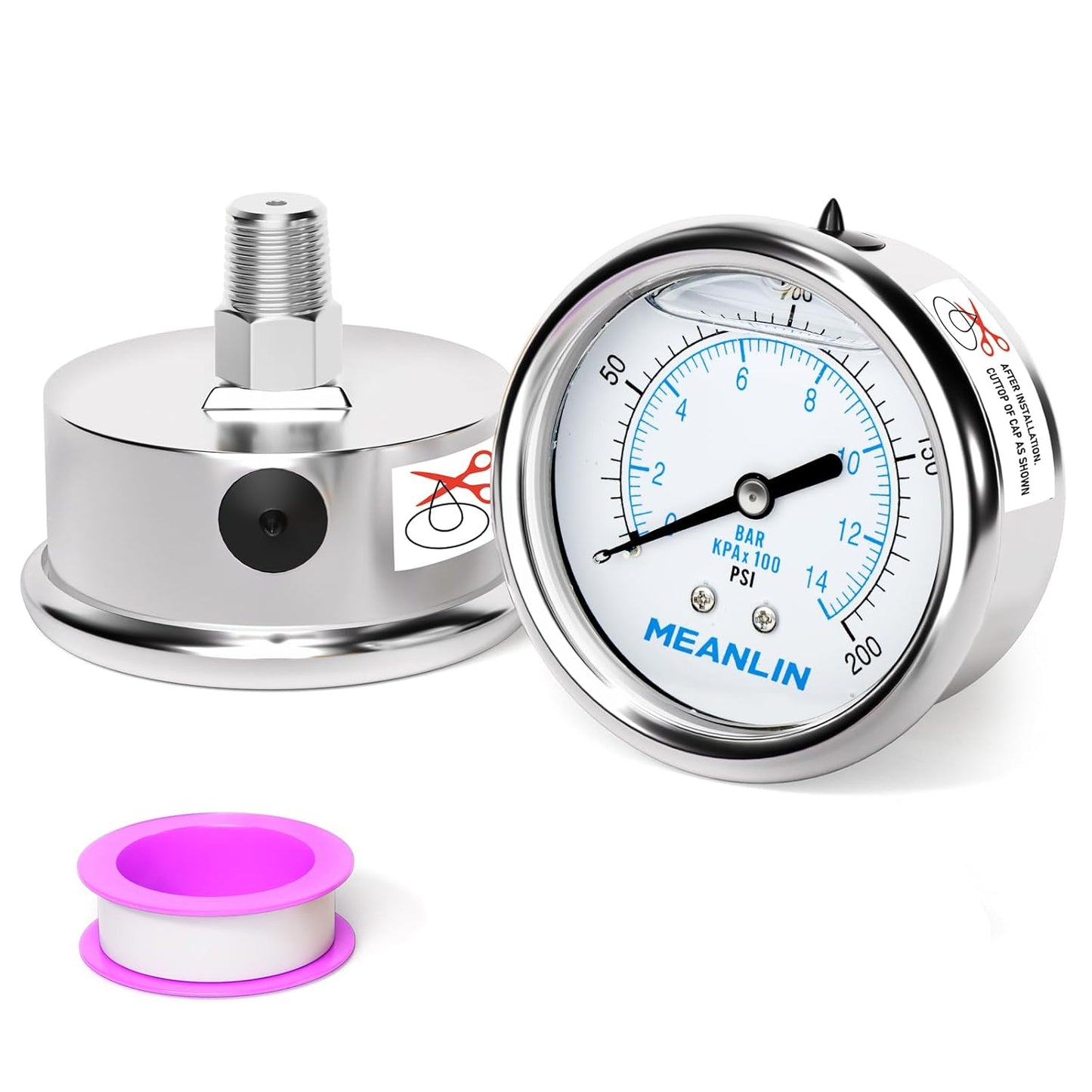 MEANLIN MEASURE 0~200Psi Liquid Filled Pressure Gauge Stainless Steel with 316 Stainless Steel Joint 1/4" NPT 2.5" FACE DIAL for Air Compressor Air Regulator Water Filter Center Back Mount