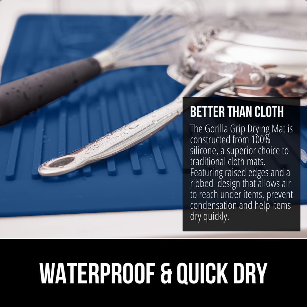 GORILLA GRIP 100% BPA-Free Patented Silicone Dish Drying Mat for Kitchen Counter, 18x24 Inch, Water Catching Ribbed Design, Easy Clean Waterproof Sink Liner, Heat Resistant, Fits Under Rack, Blue