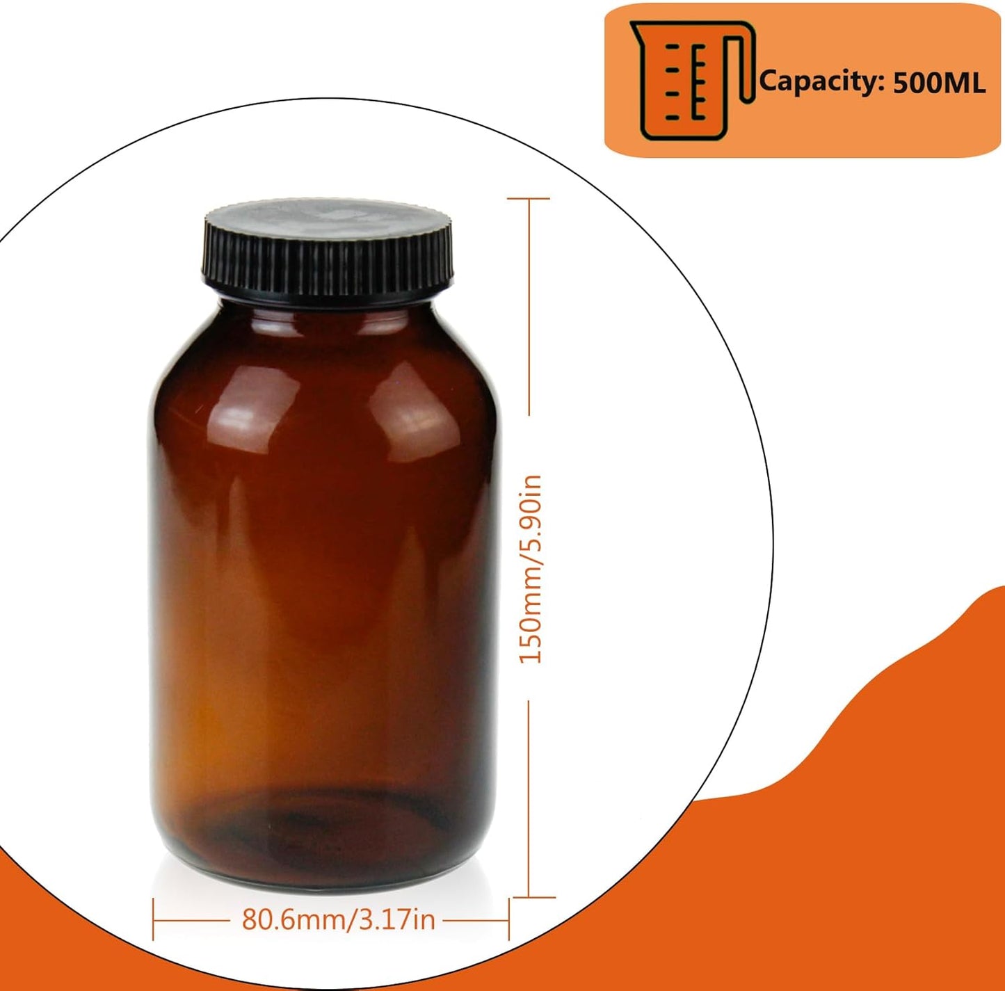 Wide Mouth Packer Bottle, Amber Glass, 500 ML (16 OZ) Capacity with 53-400 Black Polyethylene Screw Cap Lined PE Septa, Package of 12 Units