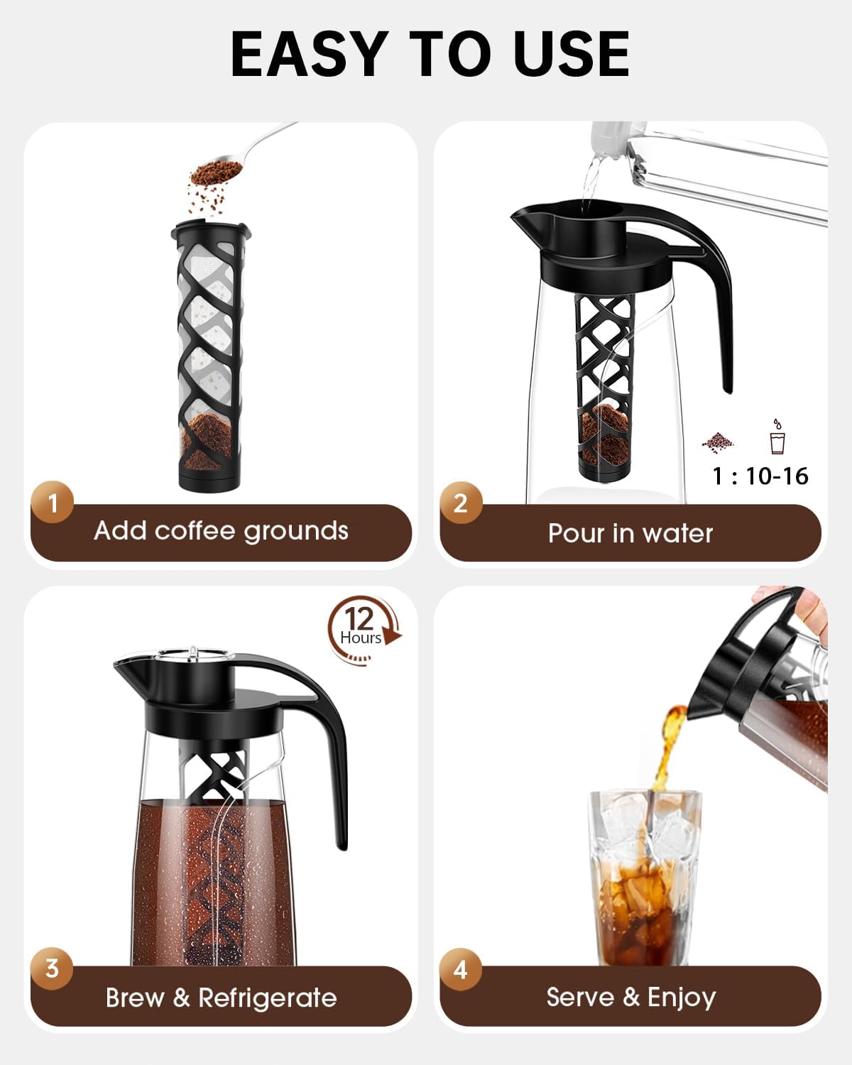 Cold Brew Coffee Maker, 70 oz (2100 ml) BPA Free Tritan Pitcher, Iced Coffee Maker and Tea Brewer, 100% Leak-Proof, Easy to Clean Reusable Mesh Filter, Black