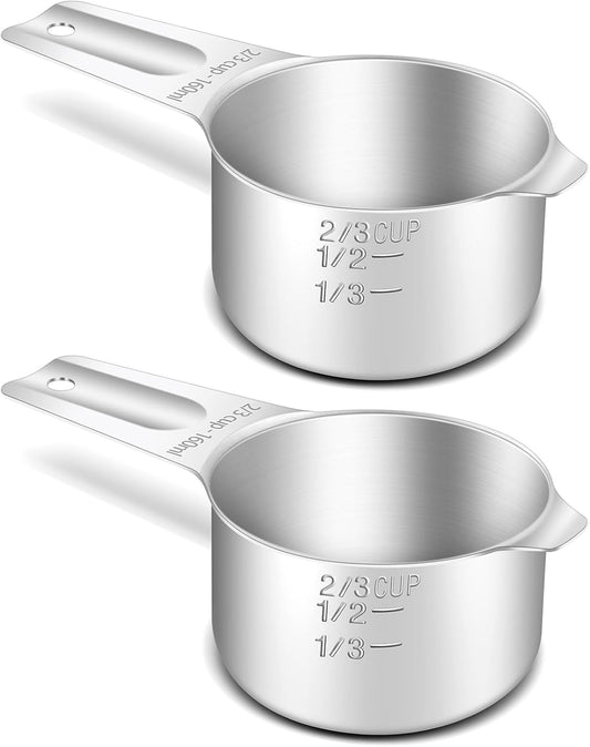 2PCS 2/3Cup (160ml, 5.3oz) Single Measuring Cup, Stainless Steel Measure Scoop, Metric and US Measurement, Heavy Duty, Dishwasher Safe