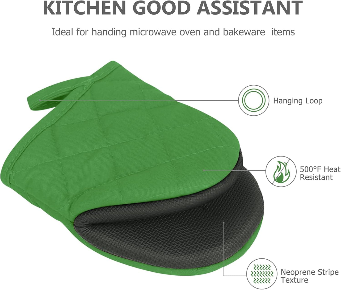 1 Pair Short Oven Mitts - Silicone Kitchen Oven Gloves High Heat Resistant 500℉, Mini Oven Mits with Non-Slip Grip Surfaces and Hanging Loop for BBQ, Baking, Cooking and Grilling (Green)