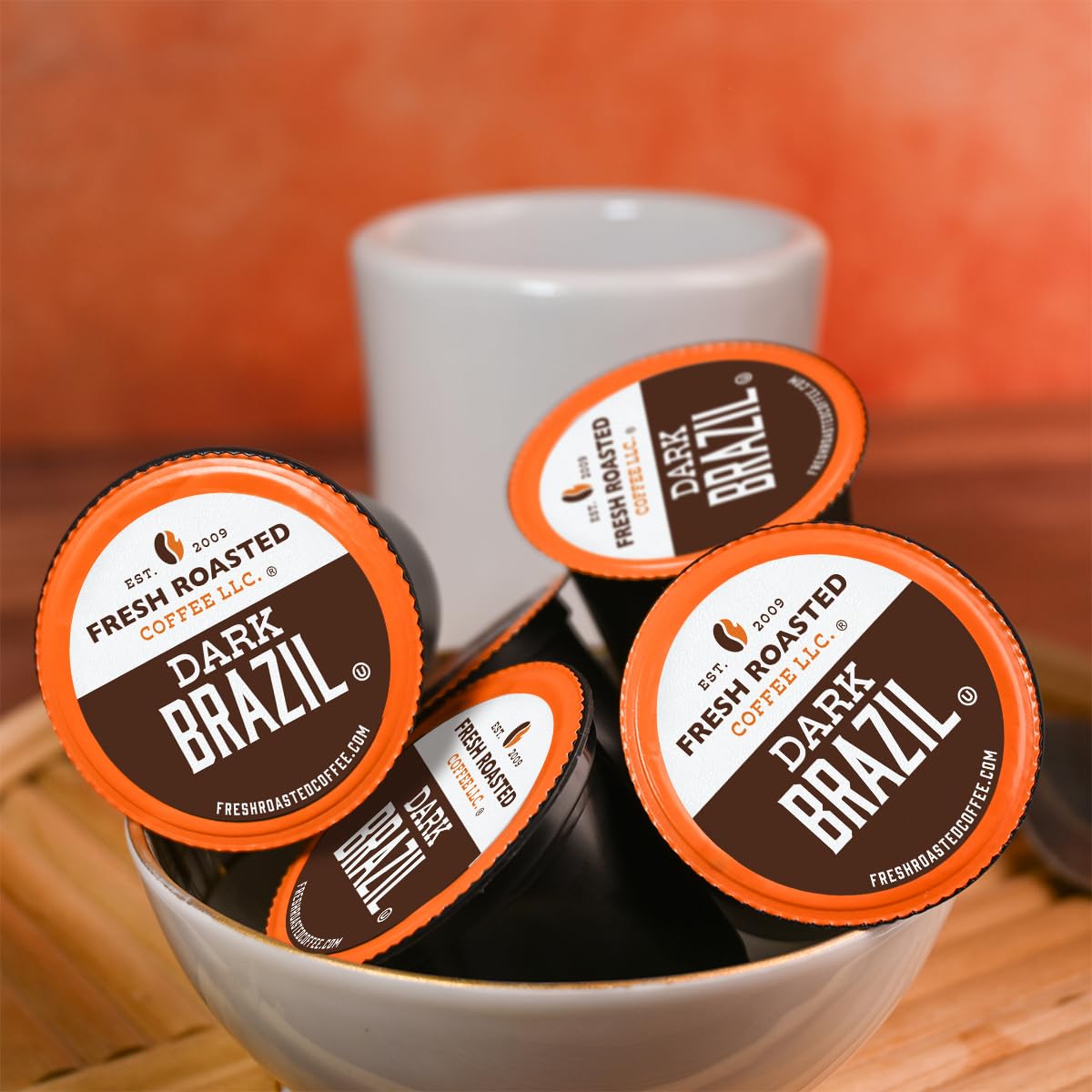 Fresh Roasted Coffee, Dark Brazil, Med-Dark Roast, 24 Pods for K Cup Brewers