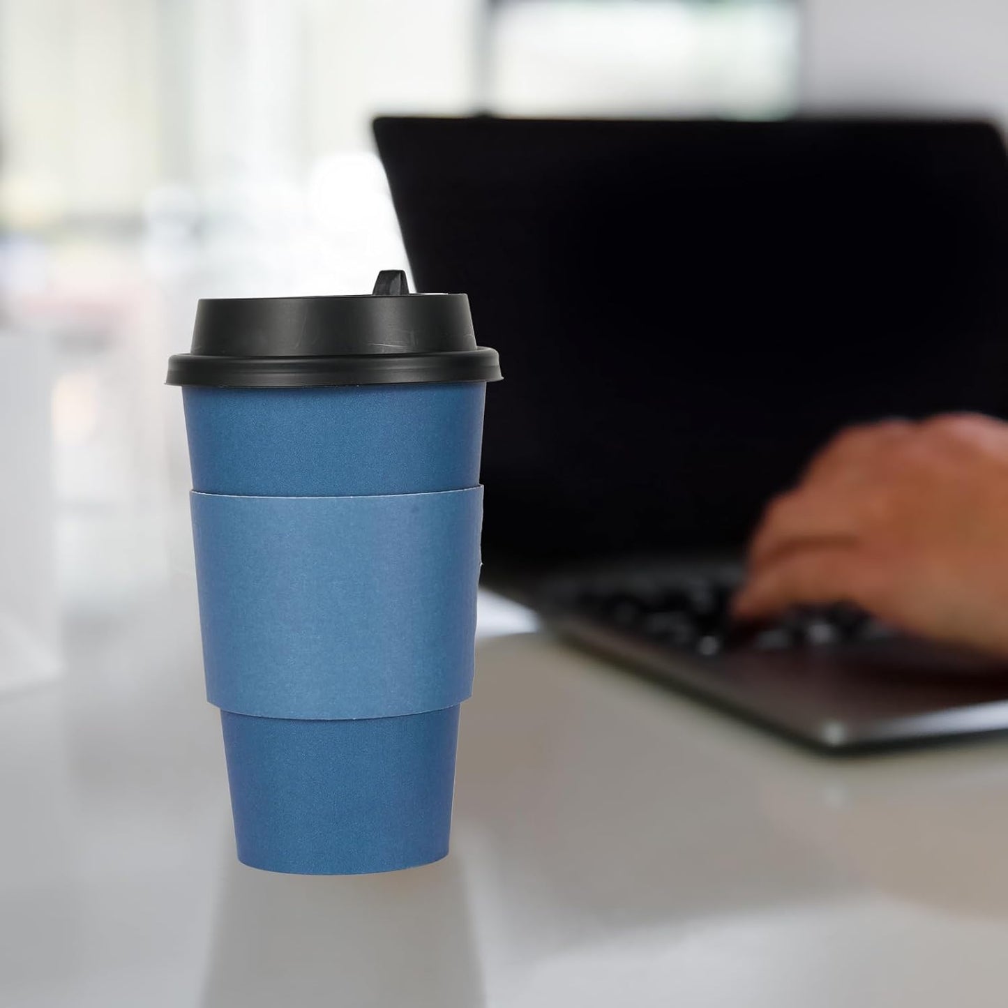 LITOPAK 100 Pack 16 oz Disposable Paper Coffee Cups with Lids, Sleeves and Stirring Sticks for Hot Coffee, Water or Juice, Blue and Gray Hot Paper Cups for Cafes, schools, offices, shops