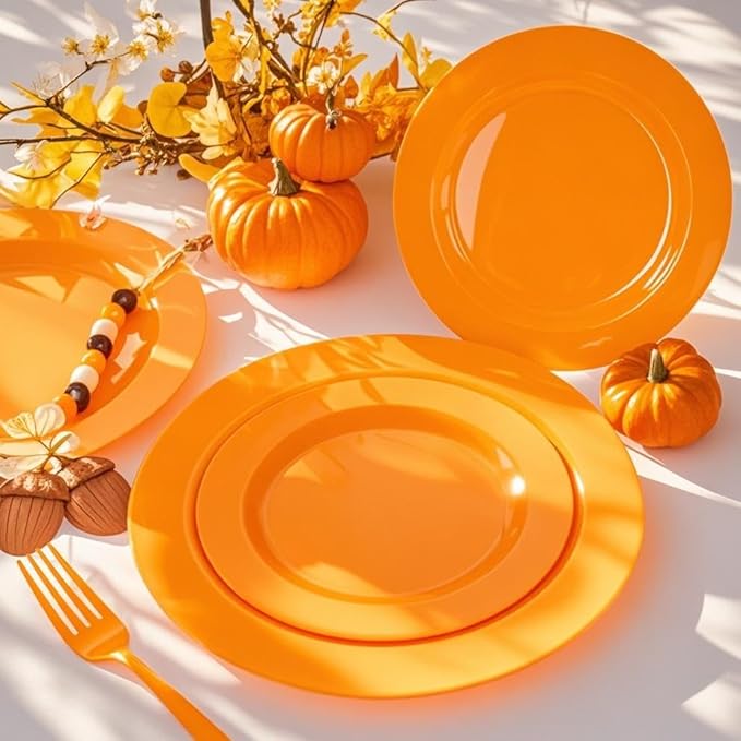 FLOWERCAT 60PCS Orange Plates - Heavy Duty Orange Plastic Plates Disposable for Halloween & Thanksgiving Party - Serve 30 Guests 10.25inch and 7.5inch