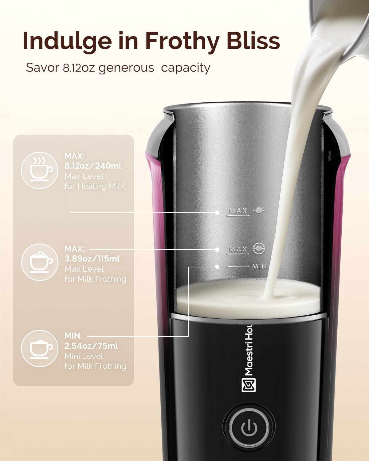 Maestri House Milk Frother, 3-in-1 Hot & Cold Mik Frothing Steamer, 8.12OZ/240ML Touch Control Foam Maker, Compact Space-saving Design for Latte, Cappuccino and Warm Milk