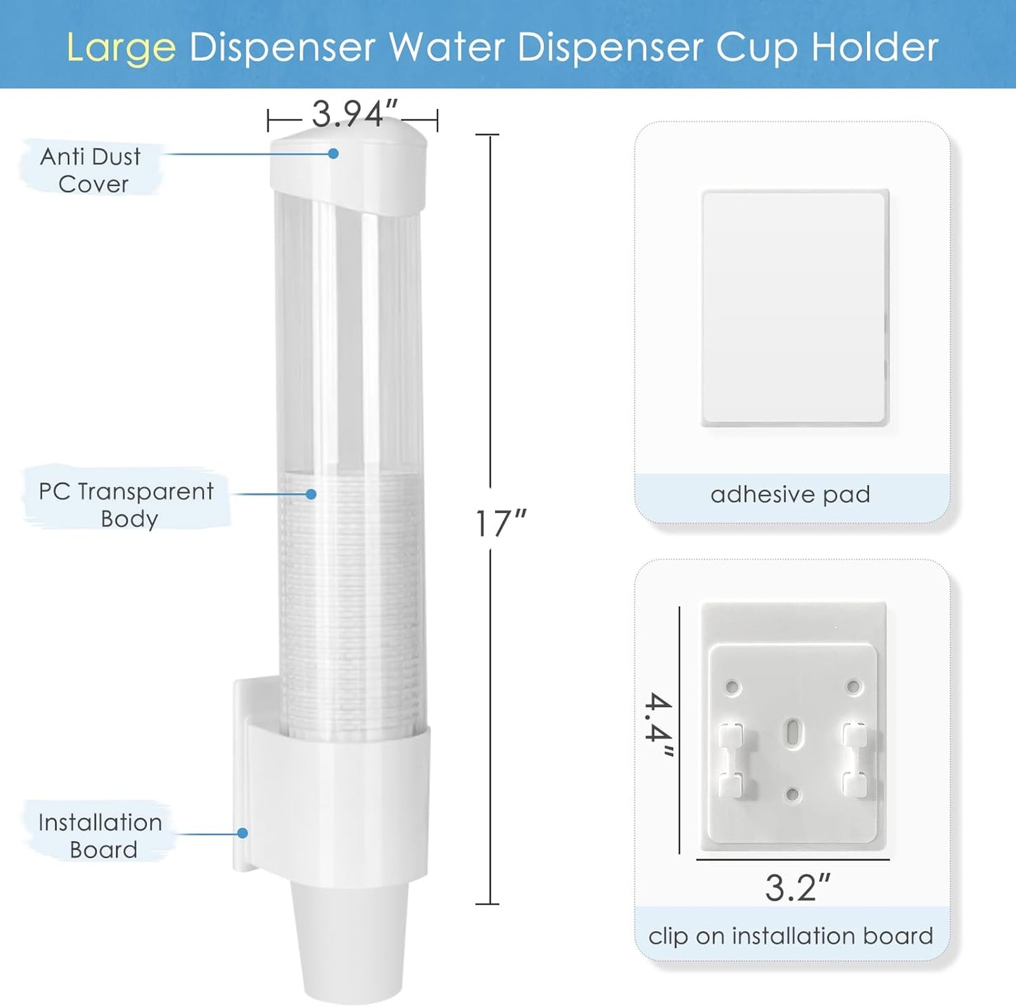 Cup Dispenser Large Pull Type,Paste or Screw Plate Mountable,Fits 7oz to 12oz Cone or Flat Bottom Cup,17”Tube,Mounting Water Dispenser Cooler or Wall,Attractive at Home Office (Large,White)