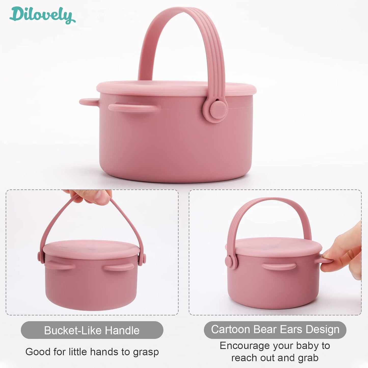 Snack Cups for Toddlers, Baby Snack Containers, Silicone Toddler Snack Cups No Spill, Food Catcher with Lid & Bucket-like Handle, BPA Free & Dishwasher Safe, 9 Ounce Rose