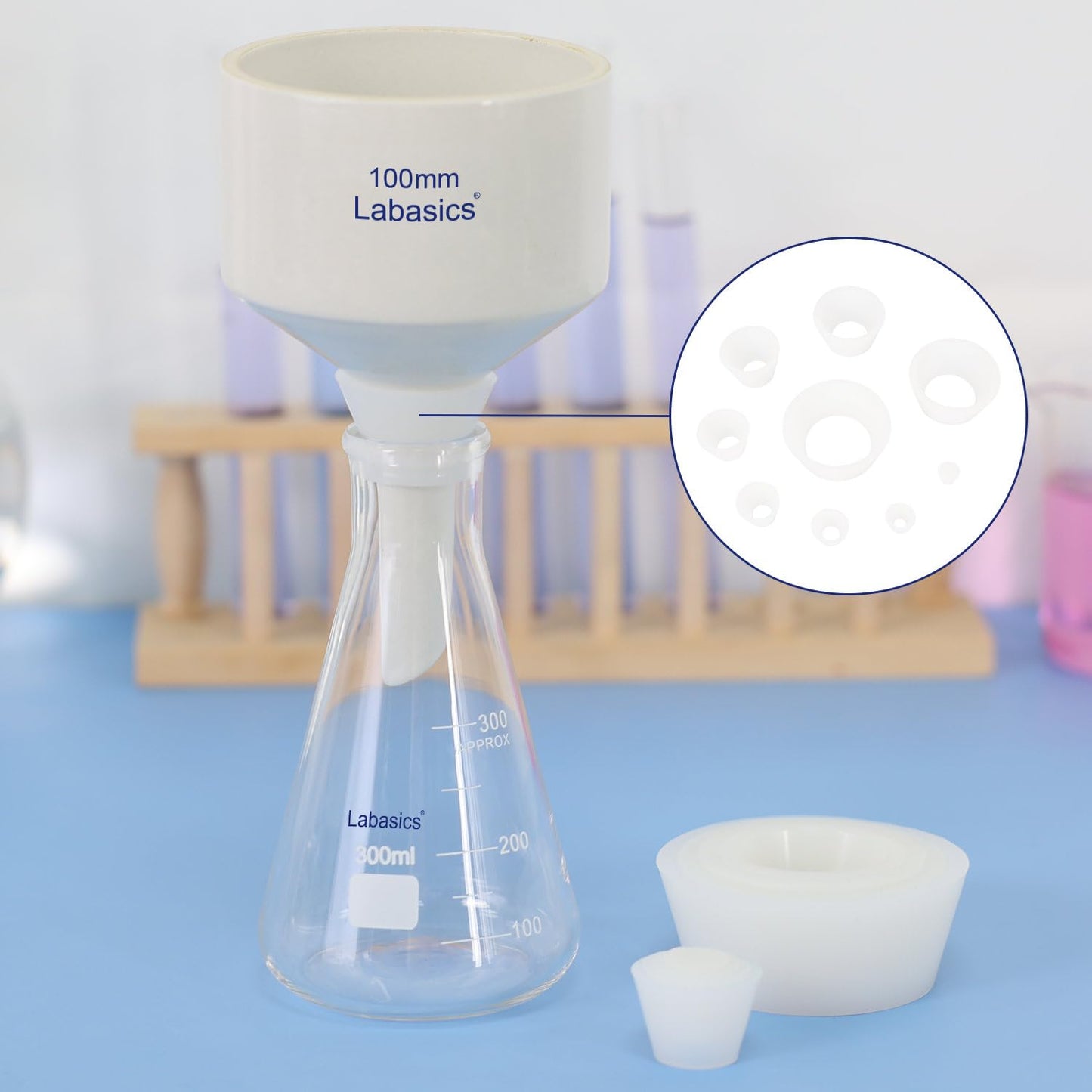 Labasics Filter Adapter Cones, Durable Tapered Collar Silicone Stopper Buchner Funnel Flask Cones Adapter Set, Wear Resistance Smooth Surface, Pack of 9, White