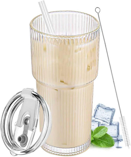 20 oz Glass Tumbler with Lid and Straw, Clear Ribbed Iced Coffee Cup, High Borosilicate Glass Tumbler, Reusable Vintage Glassware for Iced Coffee, Smoothies, Cocktails, and Juices