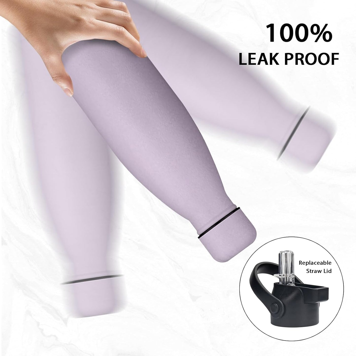 Insulated Water Bottle, 17oz Stainless Steel Water Bottles with straw lid, Metal Sports Water Bottles for Boys,Girls, Double Wall Vacuum BPA-Free Flask for School, Sports (Light purple)