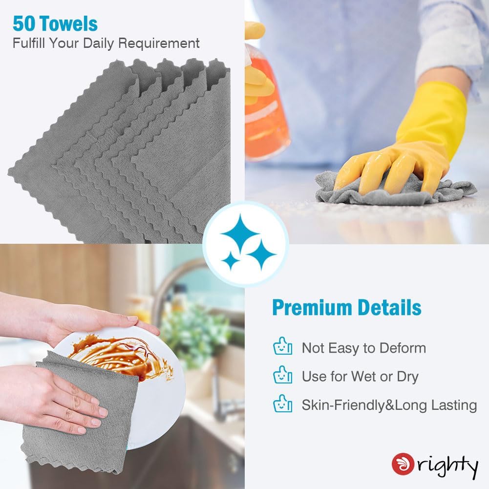 Orighty Grey Microfiber Cleaning Cloth, 50 Pack Highly Absorbent Cleaning Supplies, Lint Free Kitchen Towels Cleaning Rags, Microfiber Towels for Cars, House, Window, 12x12 inch