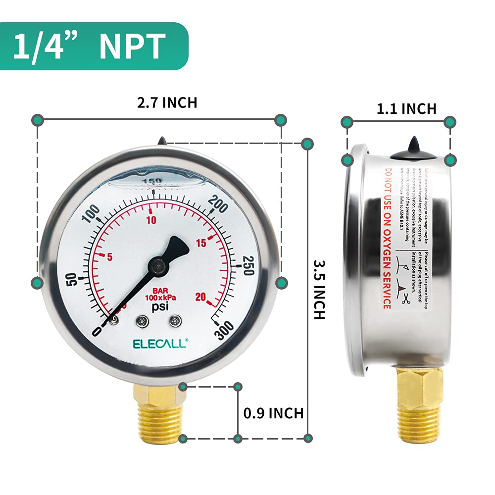ELECALL 2-1/2" Liquid Glycerin Filled Air Pressure Gauge, 0-300Psi, 1/4" NPT Lower Mount, Stainless Steel Case, Brass Internals, Water Pressure Gauge