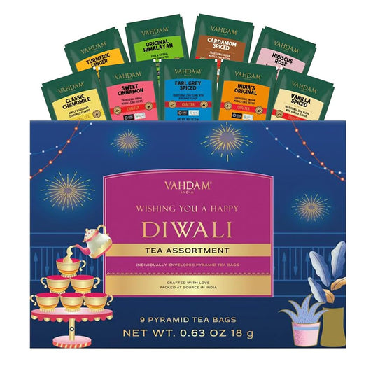 VAHDAM, Limited Edition - Happy Diwali Gift Basket | 9 Delicious Variety Pyramid Tea Bags | Perfect Diwali Gifts for Friends and Family I Perfect Diwali Offering for Guests