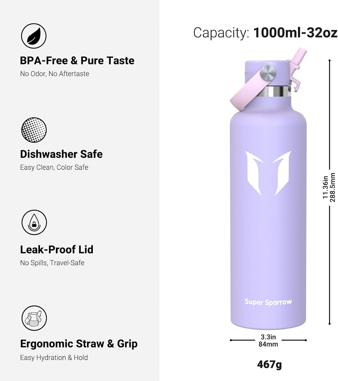 Super Sparrow Insulated Water Bottle - 17 Oz / 25 Oz / 32 Oz - Standard Mouth FlipFlow Flask - BPA Free, Leak Proof Drink Bottle- Ergonomic Straw Water Bottles for Work, Gym, Travel, Sports