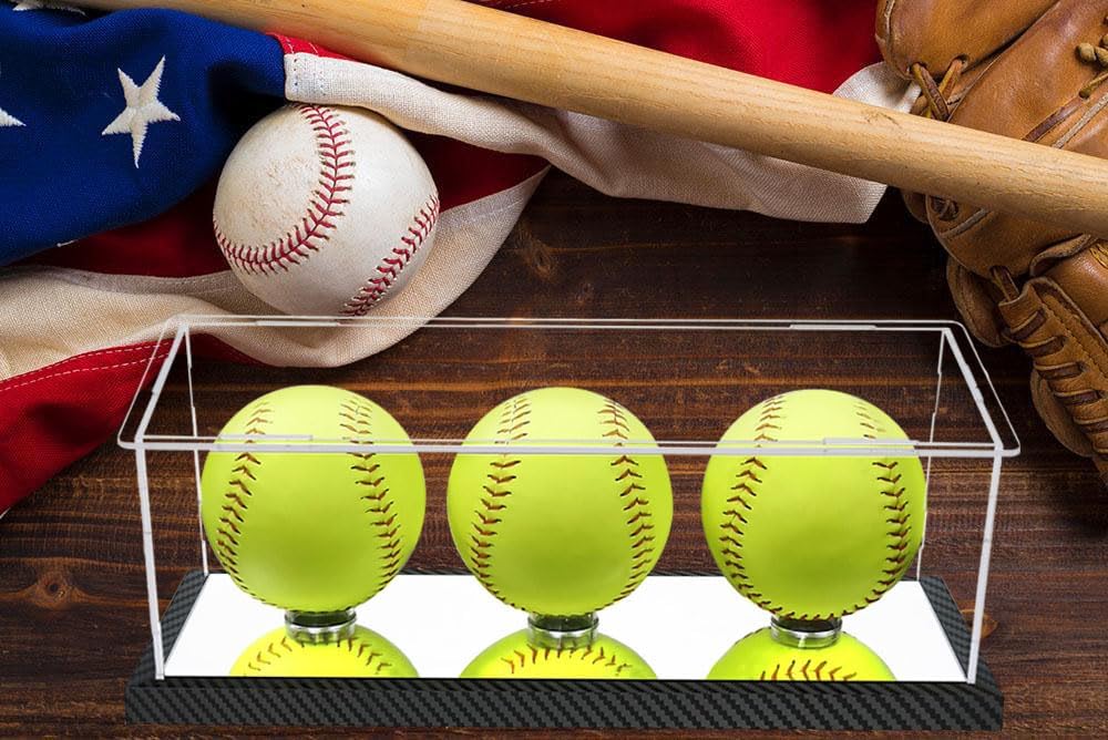 Softball Display Case for 3 Pack in one, Arcylic Softball Holder Stand UV Protected Clear Display Cube for Softball Baseball Tennis Ball Sports Ball Storage with Carbon Fiber Skin Base and Mirror Base