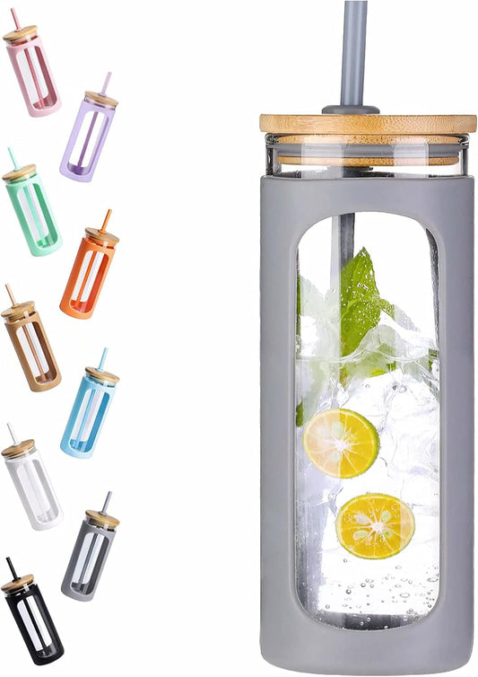 Kodrine 20oz Glass Water Tumbler with Straw and Lid, Bamboo Lids Water Bottle, Iced Coffee Cup Reusable, Wide Mouth Smoothie Cups with Protective Silicone Sleeve BPA FREE-Grey