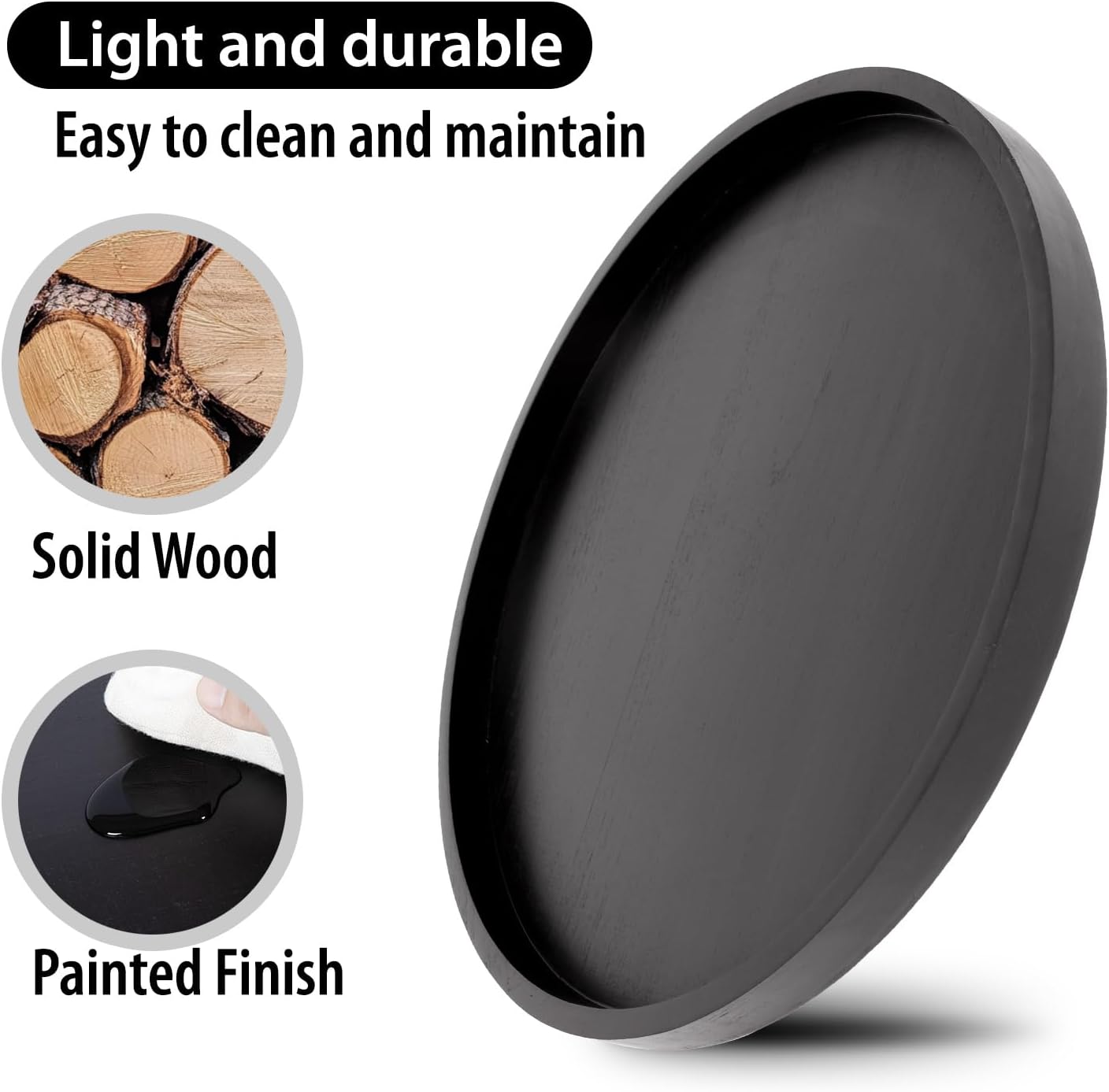 Round Ottoman Tray for Coffee Table Living Room Wood Serving Tray Large Wooden 24 Inches Black