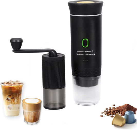 Coffee Maker Set, Portable Espresso Machine and Coffee Grinder, 3 in 1 Travel Coffee Maker Compatible Ground Coffee, Capsules (NS＆DG) for Outdoor Camping Hiking Office