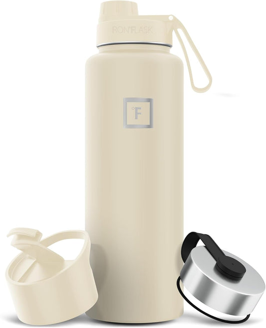 IRON °FLASK Camping & Hiking Hydration Flask with 3 Lids - Stainless Steel, Double Walled & Vacuum Insulated Water Bottle - Leak Proof & BPA Free (Cashmere Cream, Spout - 40 oz)