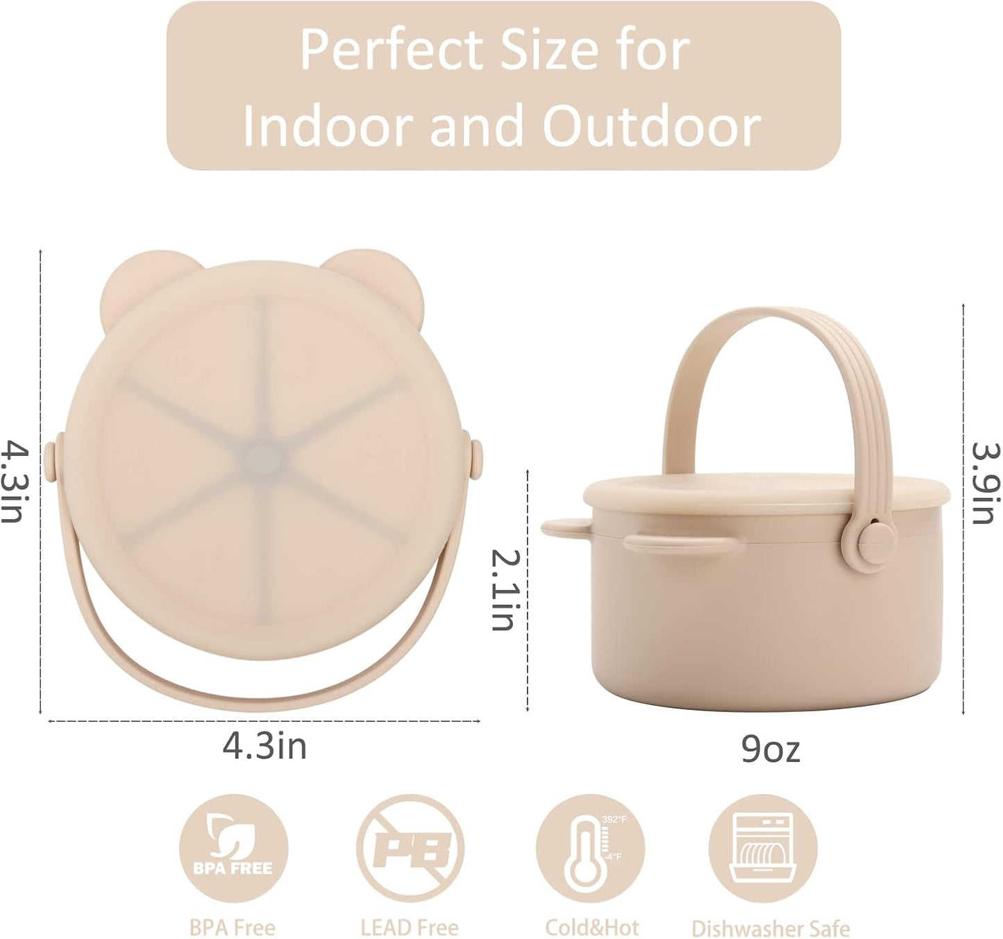 Snack Cups for Toddlers, Baby Snack Containers, Silicone Toddler Snack Cups No Spill, Food Catcher with Lid & Bucket-like Handle, BPA Free & Dishwasher Safe, 9 Ounce Creme