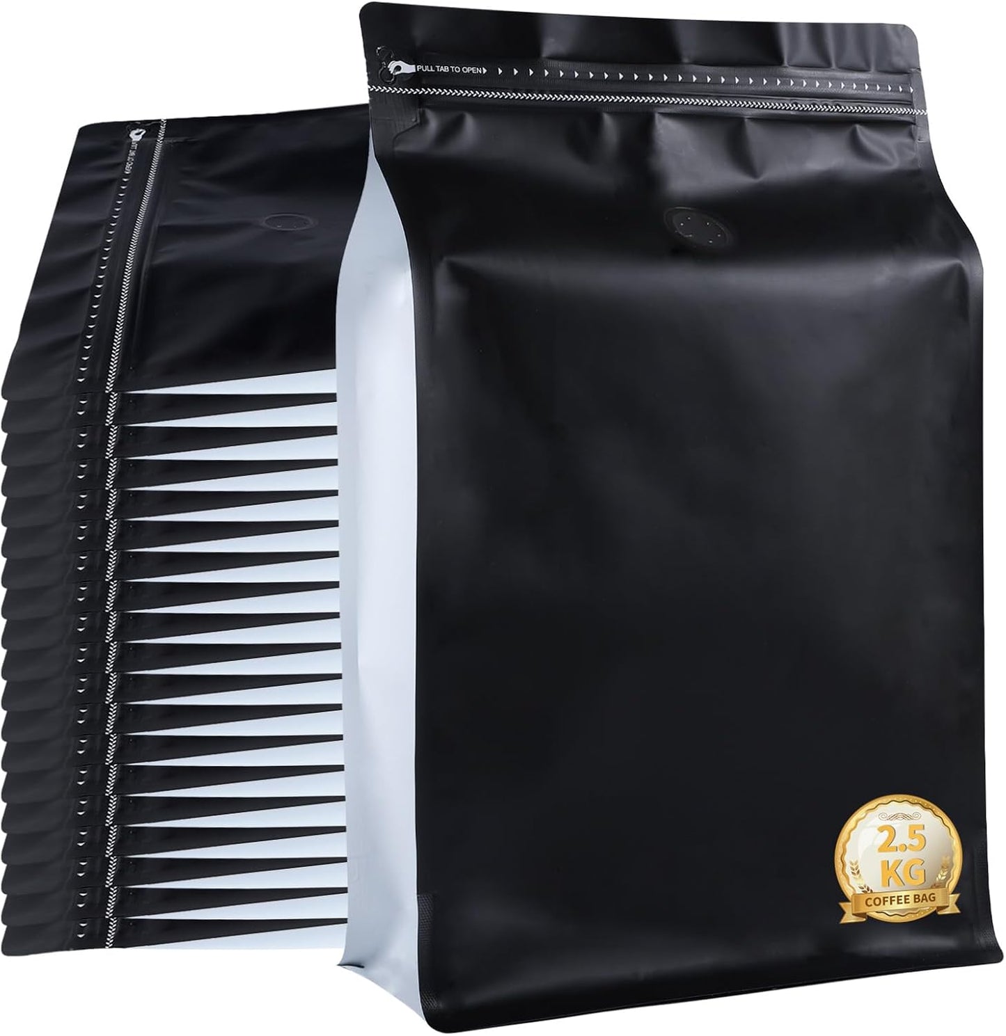 New 2.5 KG Large Capacity Coffee Bags with Valve (50 PCS) Black Sides White High Barrier Aluminum Foil Flat Bottom Standing Coffee Beans Storage Packaging Bags, Reusable Heat Seal Side Zipper Pouches