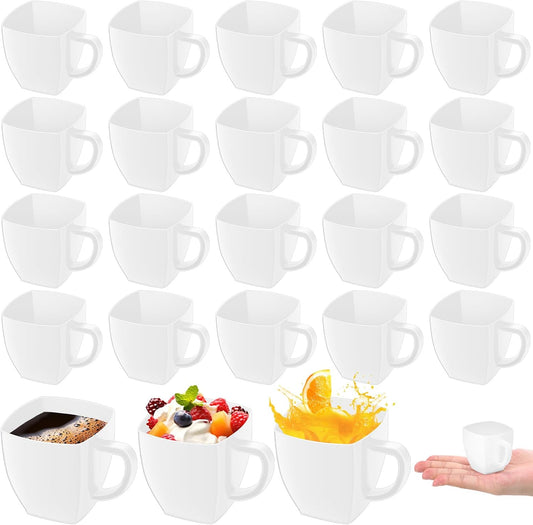 Amyhill 50 Pcs Disposable Tea Cups Mini Plastic Tea Cup Bulk with Handle Hard Plastic Coffee Mug Disposable Square Espresso Mug for Party Catering (White)
