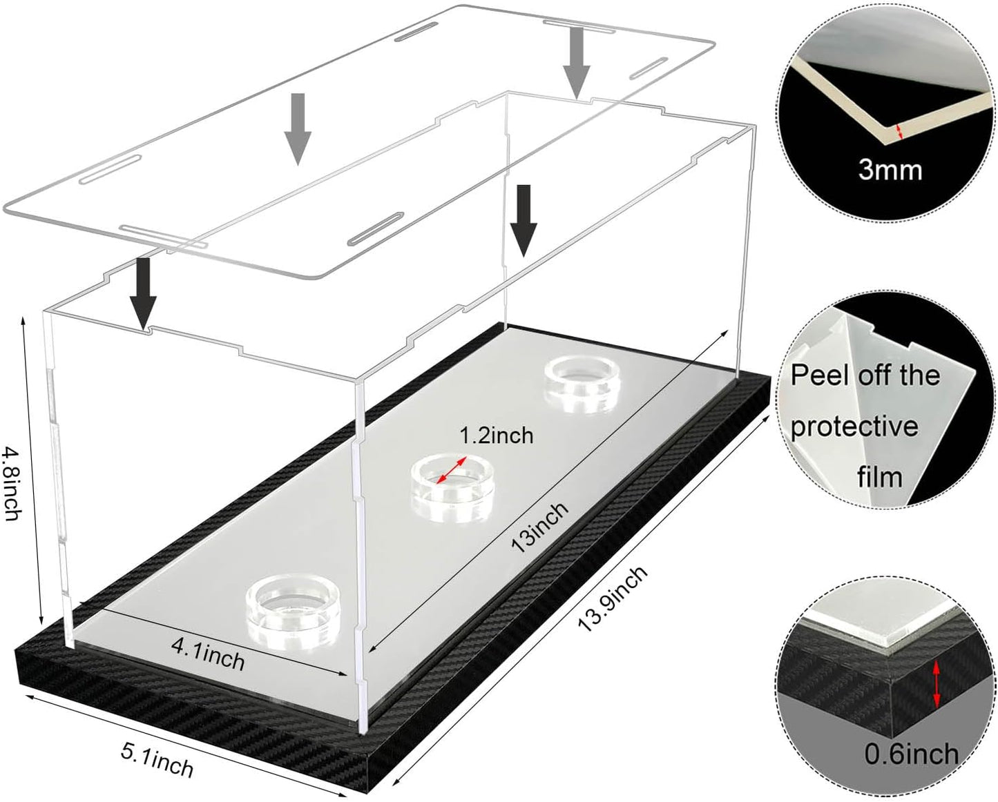 Softball Display Case for 3 Pack in one, Arcylic Softball Holder Stand UV Protected Clear Display Cube for Softball Baseball Tennis Ball Sports Ball Storage with Carbon Fiber Skin Base and Mirror Base