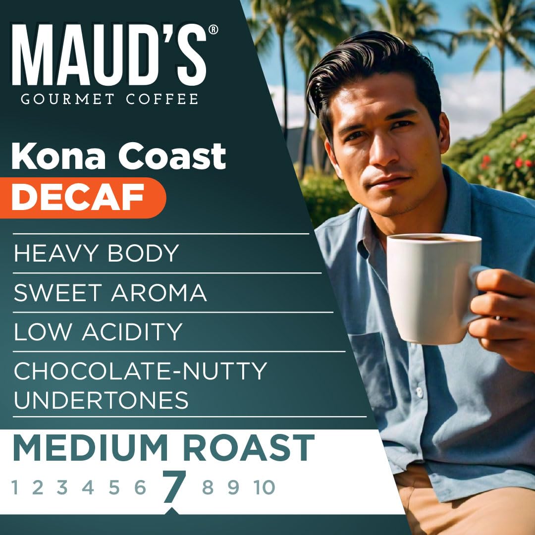 Maud's Decaf Kona Coffee Pods, 18 ct, Decaffeinated Medium Roast Coffee in Recyclable Single Serve Pods – 100% Arabica Coffee, Compatible with Keurig K Cups Maker
