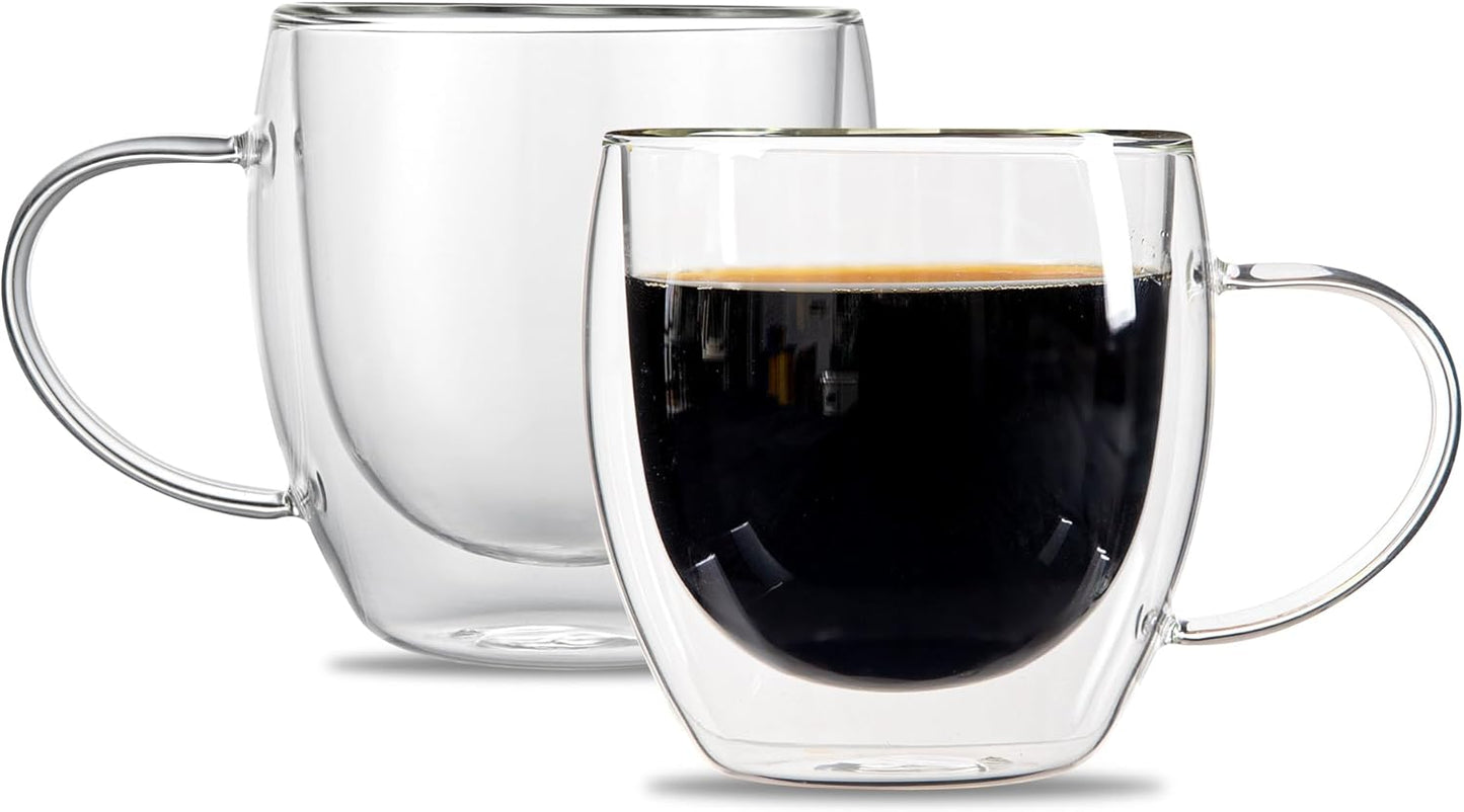 Restaurantware-Forma Professional 8.5 Ounce Glass Coffee Cups, 2 Insulated Coffee Cups With Handle - Dishwashable, Reusable, Clear Double Wall Beverage Tumblers, Freezable, For Hot Or Cold Beverages