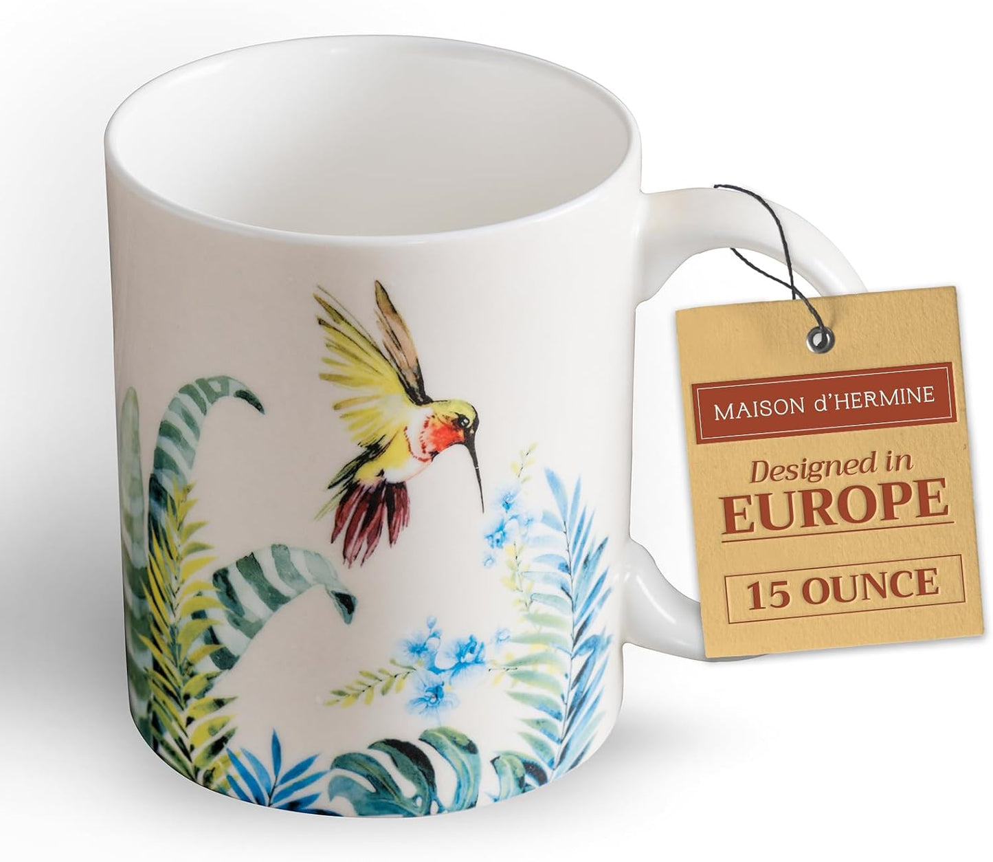 Maison d' Hermine Coffee Mug with Handles Fine Bone China Mugs Pack of One Tea Cups for Hot Beverages Cappuccino Latte Home Restaurant Office Perfect for Gift (Tropiques - Hummingbird, 15 Ounce)