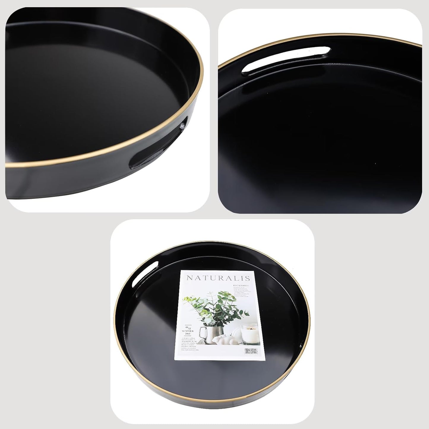 Black Round Decorative Tray with Handles, 13" Versatile Serving Tray for Coffee Table, Ottoman, Ideal for Serving, Displaying, Organizing