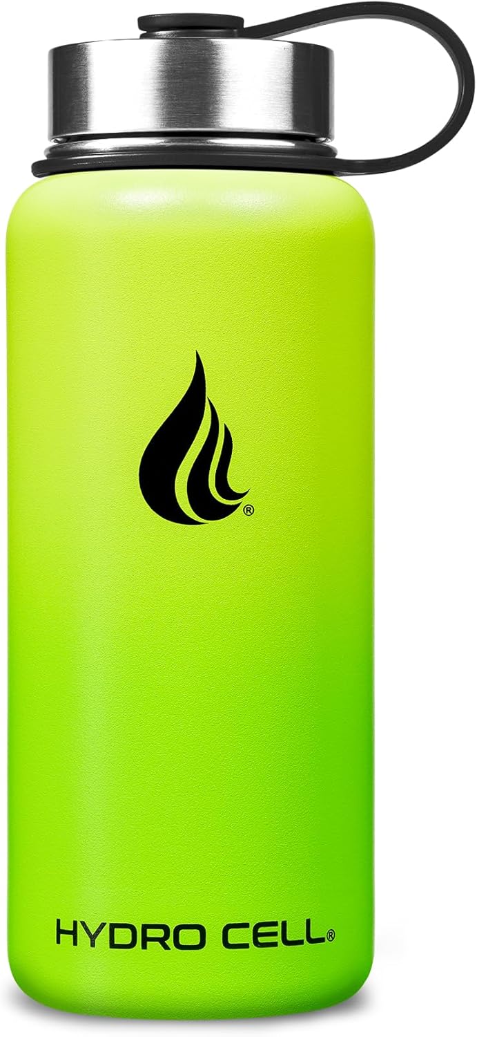 HYDRO CELL Stainless Steel Insulated Water Bottle with Straw - For Cold & Hot Drinks - Metal Vacuum Flask with Screw Cap and Modern Leakproof Sport Thermos for Adults (Neon 32oz)