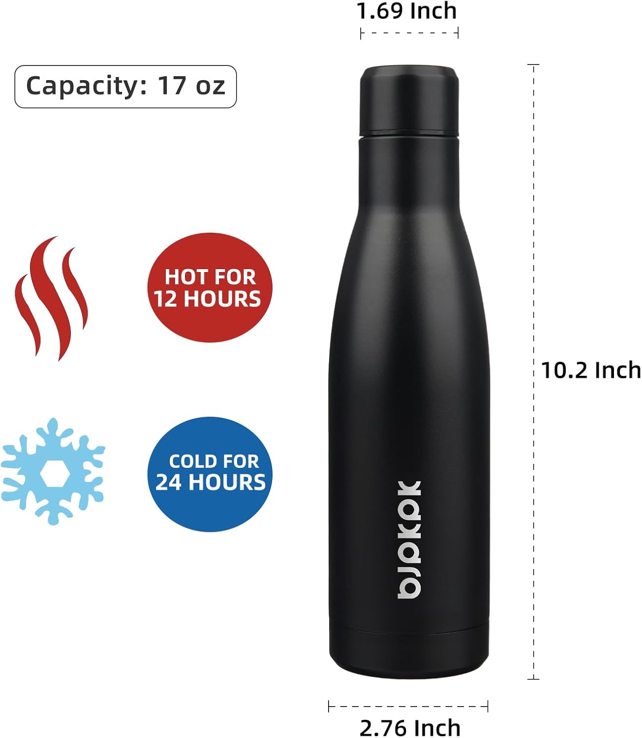 BJPKPK 17oz Insulated Water Bottles Stainless Steel Sports Water Bottles Keep Cold and Hot for Travel Dishwasher Safe,Midnight Black