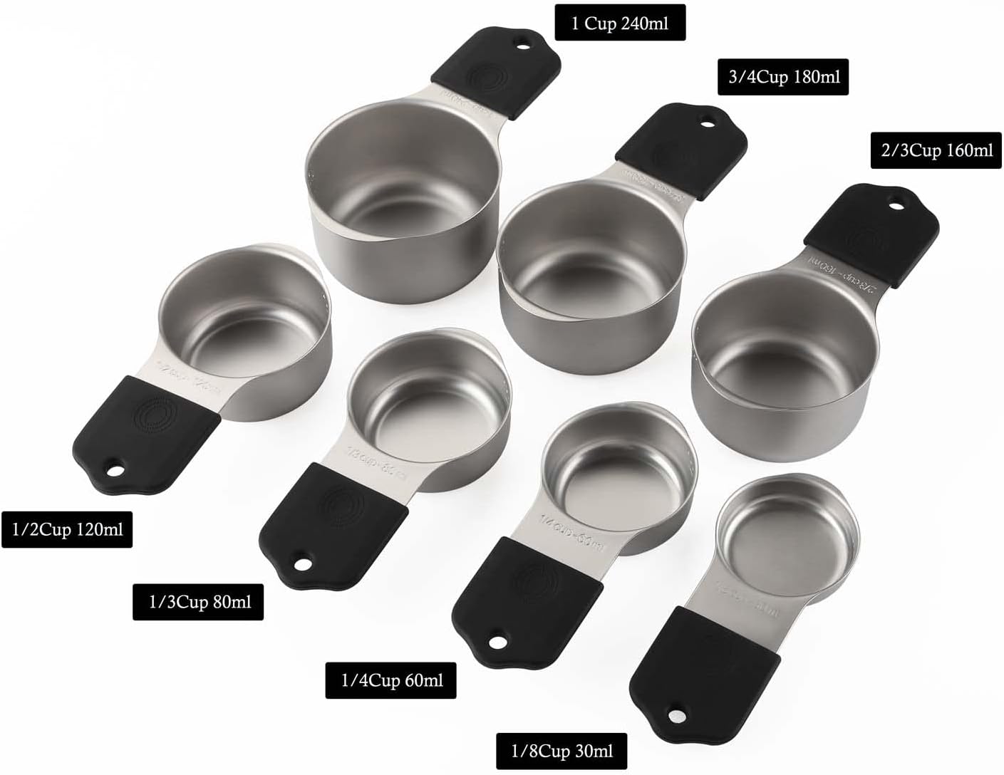 Magnetic Measuring Cups and Spoons Set Including 7 Stainless Steel Stackable Measuring Cup 8 Double Sided Magnetic Measuring Spoons with 1 Leveler for Dry and Liquid Ingredients (black)