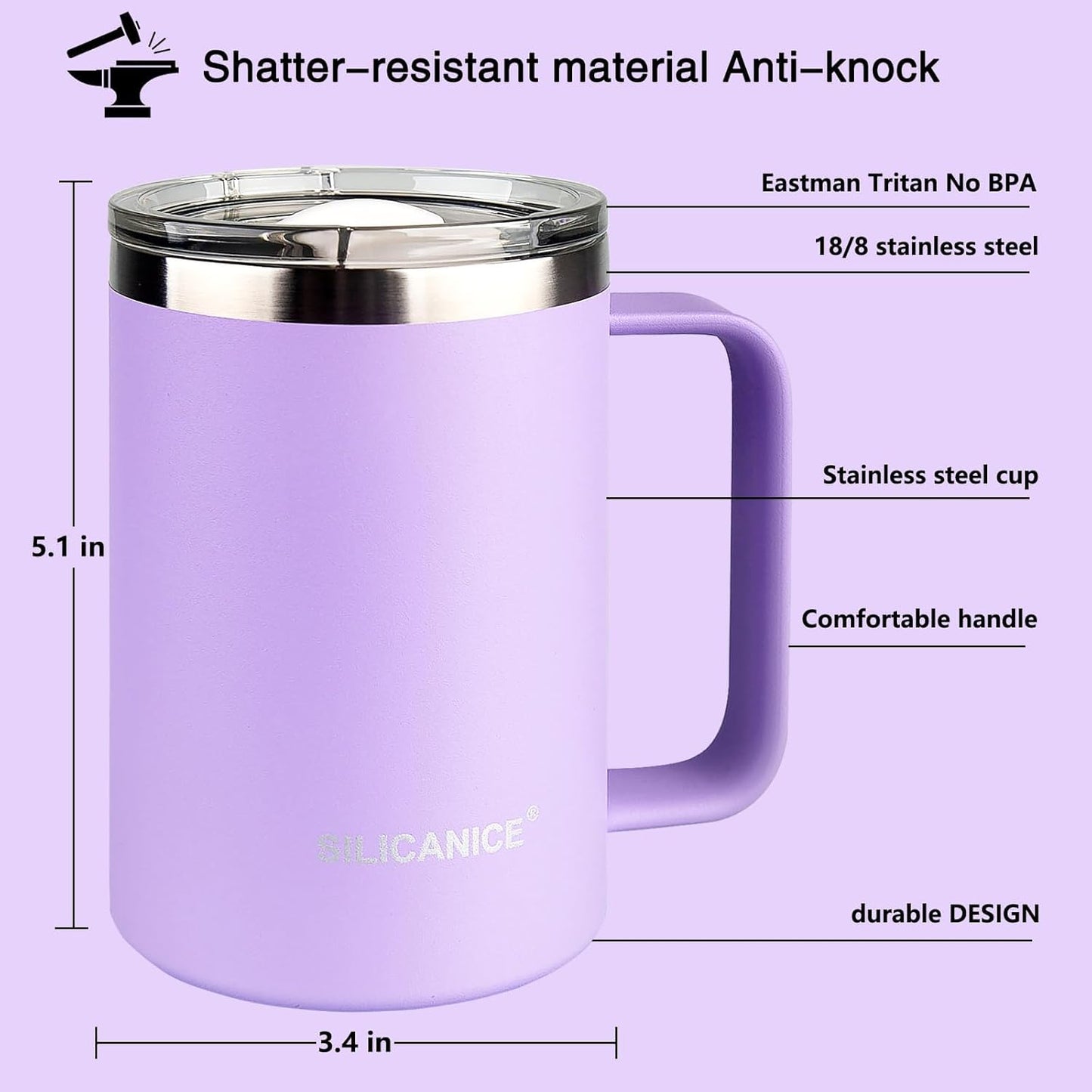 14 oz Purple Stainless Steel Coffee Mug, Reusable Travel Tumbler with Lid & Handle – Dishwasher-Safe Thermos Cup for Women, Ideal for Office/Travel Use with Hot/Cold Drinks